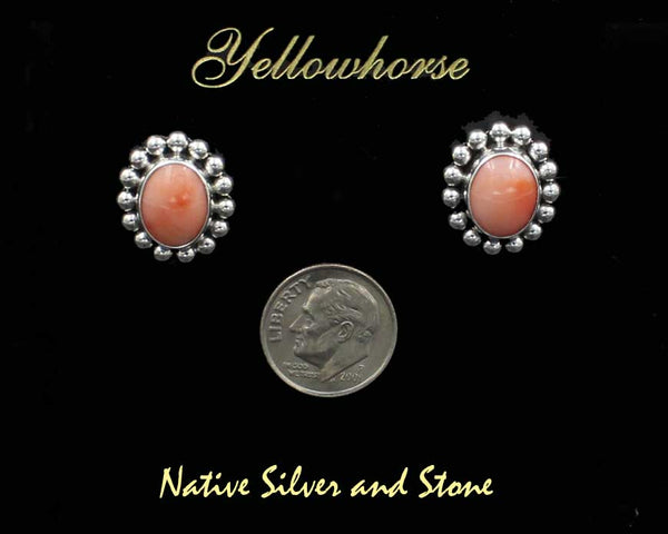 Z Artie Yellowhorse - Navajo<br>3/4" Earrings - Post<br>10mm Pink Coral Ovals<br>Single Bead<br>Sterling Silver