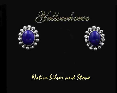 Z Artie Yellowhorse - Navajo<br>ERPLSB<br>5/8" Earrings - Post<br>9.5mm Lapis Ovals<br>Single Bead Perimeter<br>Sterling Silver