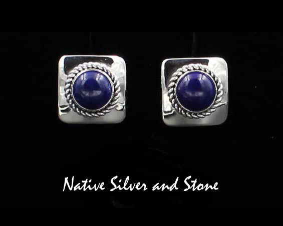 Z Artie Yellowhorse - Navajo<br>5/8" Earrings<br>9mm Lapis Lazuli Round<br>Square<br>Twist-wire<br>Post<br>Sterling Silver