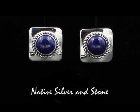 Z Artie Yellowhorse - Navajo<br>5/8" Earrings<br>9mm Lapis Lazuli Round<br>Square<br>Twist-wire<br>Post<br>Sterling Silver