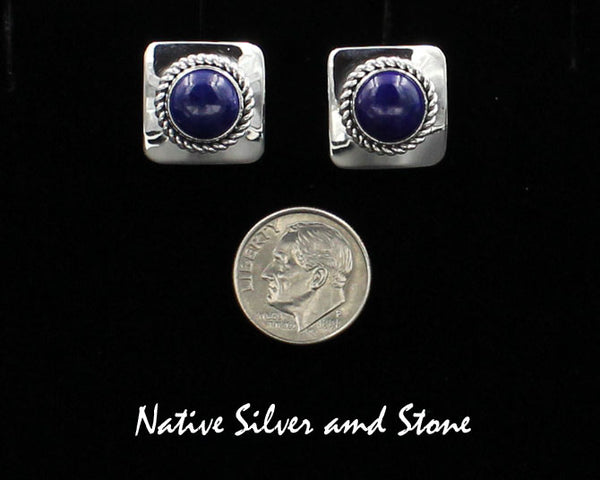 Z Artie Yellowhorse - Navajo<br>5/8" Earrings<br>9mm Lapis Lazuli Round<br>Square<br>Twist-wire<br>Post<br>Sterling Silver