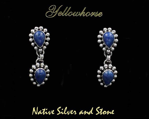 Z Artie Yellowhorse - Navajo<br>1-1/2" Earrings- Double-Drop<br>Denim Lapis -Dark<br>Reverse Teardrop/Pear - Small <br>Single Bead<br>Hook<br>Sterling Silver
