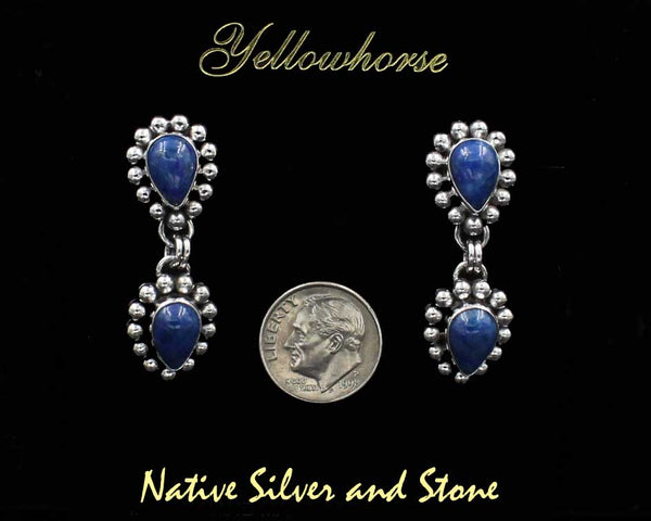 Z Artie Yellowhorse - Navajo<br>1-1/2" Earrings- Double-Drop<br>Denim Lapis -Dark<br>Reverse Teardrop/Pear - Small <br>Single Bead<br>Hook<br>Sterling Silver