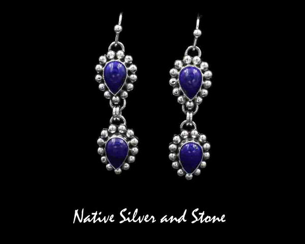 Z Artie Yellowhorse - Navajo<br>ERSHLSB<br>1-1/2" Earrings- Double-Drop<br>Lapis Lazuli<br>Reverse Teardrop/Pear - Small <br>Single Bead<br>Hook<br>Sterling Silver