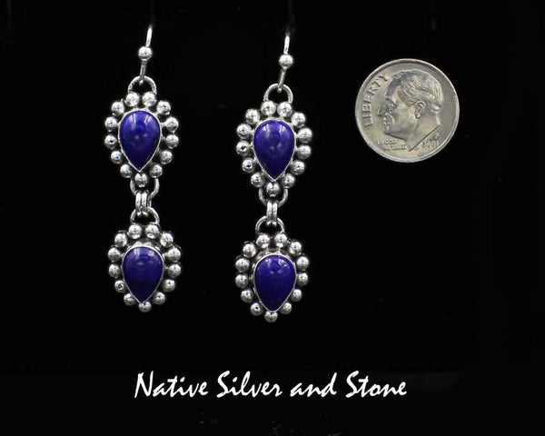 Z Artie Yellowhorse - Navajo<br>ERSHLSB<br>1-1/2" Earrings- Double-Drop<br>Lapis Lazuli<br>Reverse Teardrop/Pear - Small <br>Single Bead<br>Hook<br>Sterling Silver