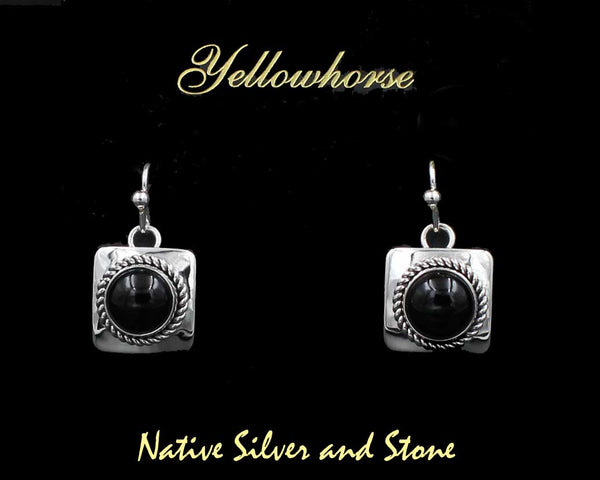Z Artie Yellowhorse - Navajo<br>5/8" Onyx Earrings<br>8mm Round<br>Square Silver<br>Twist-wire Accents<br> Hook<br>Sterling Silver