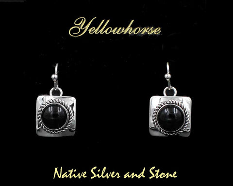 Z Artie Yellowhorse - Navajo<br>5/8" Onyx Earrings<br>8mm Round<br>Square Silver<br>Twist-wire Accents<br> Hook<br>Sterling Silver