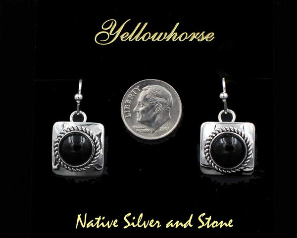 Z Artie Yellowhorse - Navajo<br>5/8" Onyx Earrings<br>8mm Round<br>Square Silver<br>Twist-wire Accents<br> Hook<br>Sterling Silver