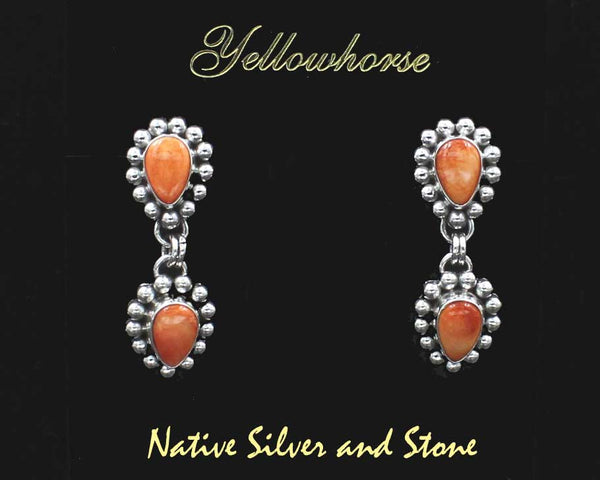 Z Artie Yellowhorse - Navajo<br>1-1/2" Earrings- Double-Drop<br>Orange Spiny<br>Reverse Teardrop/Pear - Small <br>Single Bead<br>Hook<br>Sterling Silver