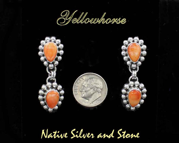Z Artie Yellowhorse - Navajo<br>1-1/2" Earrings- Double-Drop<br>Orange Spiny<br>Reverse Teardrop/Pear - Small <br>Single Bead<br>Hook<br>Sterling Silver