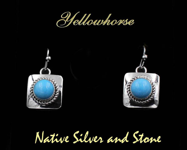 Z Artie Yellowhorse - Navajo<br>5/8" Sleeping Beauty Turquoise Earrings - Hook<br>8mm Round - Square Silver<br>Twist-wire Accents<br>Sterling Silver