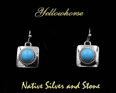 Z Artie Yellowhorse - Navajo<br>5/8" Sleeping Beauty Turquoise Earrings - Hook<br>8mm Round - Square Silver<br>Twist-wire Accents<br>Sterling Silver