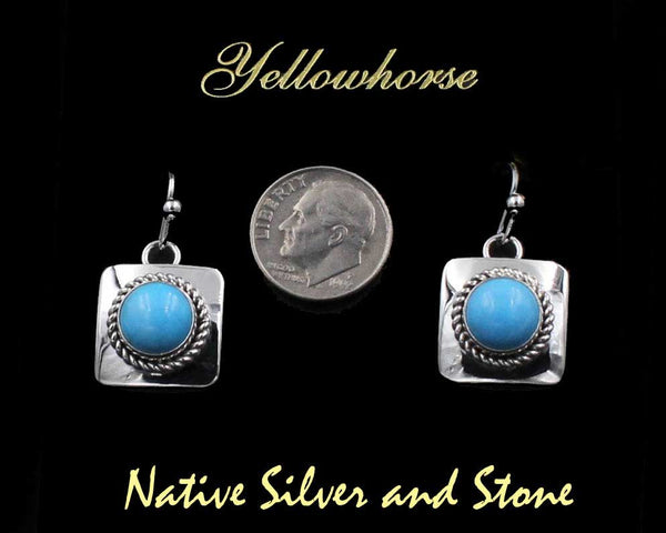 Z Artie Yellowhorse - Navajo<br>5/8" Sleeping Beauty Turquoise Earrings - Hook<br>8mm Round - Square Silver<br>Twist-wire Accents<br>Sterling Silver