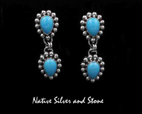 Artie Yellowhorse - Navajo<br>ERPTSB<br>1-1/2" Earrings- Double-Drop<br>Turquoise - Sleeping Beauty<br>Reverse Teardrop/Pear - Small <br>Single Bead<br>Hook<br>Sterling Silver