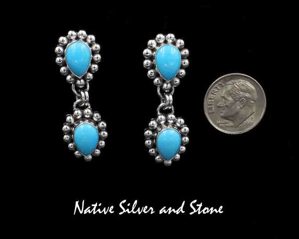 Artie Yellowhorse - Navajo<br>ERPTSB<br>1-1/2" Earrings- Double-Drop<br>Turquoise - Sleeping Beauty<br>Reverse Teardrop/Pear - Small <br>Single Bead<br>Hook<br>Sterling Silver