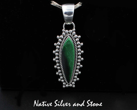 Z Artie Yellowhorse - Navajo<br>1-7/8" Pendant<br>Green Garnet<br>Vertical Sharp Oval<br>Single Twist &<br>Burst Beads/Scatterdot<br>Sterling Silver