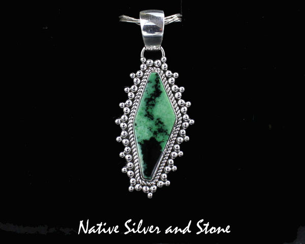 Z Artie Yellowhorse - Navajo<br>2" Pendant<br>Green Garnet<br>Vertical Squared Diamond<br>Single Twist &<br>Burst Beads/Scatterdot<br>Sterling Silver