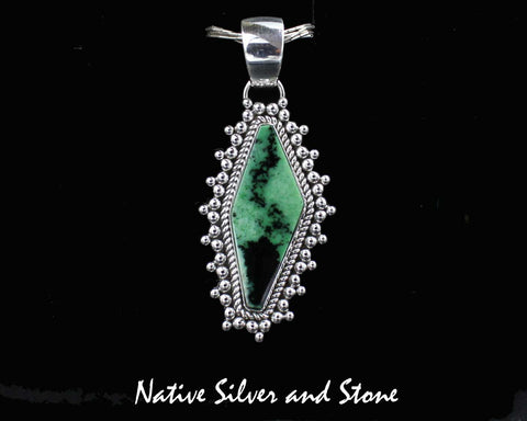 Z Artie Yellowhorse - Navajo<br>2" Pendant<br>Green Garnet<br>Vertical Squared Diamond<br>Single Twist &<br>Burst Beads/Scatterdot<br>Sterling Silver