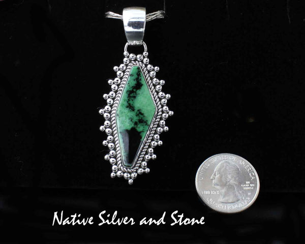 Z Artie Yellowhorse - Navajo<br>2" Pendant<br>Green Garnet<br>Vertical Squared Diamond<br>Single Twist &<br>Burst Beads/Scatterdot<br>Sterling Silver