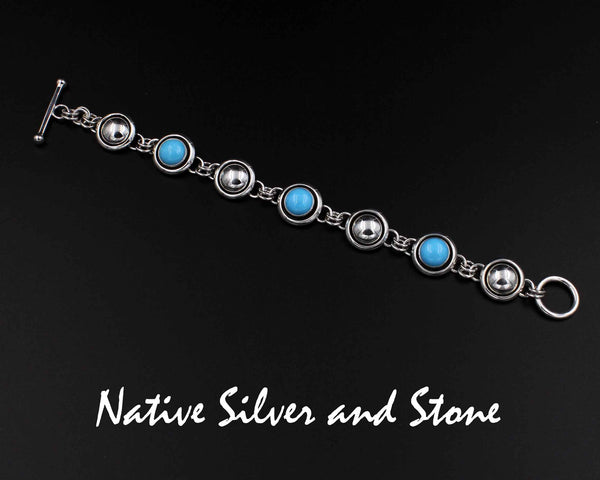 Z Artie Yellowhorse - Navajo<br>9/16" Rounds Bracelet - Link<br>9mm Sleeping Beauty Turquoise<br>10mm Silver Rounds<br>Alternating<br>Shadowbox<br>Sterling Silver  Size: 6-1/2 +/-