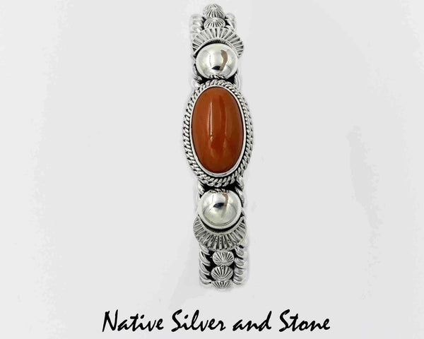 Z Artie Yellowhorse - Navajo Jewelry<br>Bracelet Cuff - Handmade<br>Natural Coral Oval<br>with Sterling Silver Accents<br>Size 6-3/16 (Small-Medium)