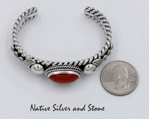 Z Artie Yellowhorse - Navajo Jewelry<br>Bracelet Cuff - Handmade<br>Natural Coral Oval<br>with Sterling Silver Accents<br>Size 6-3/16 (Small-Medium)