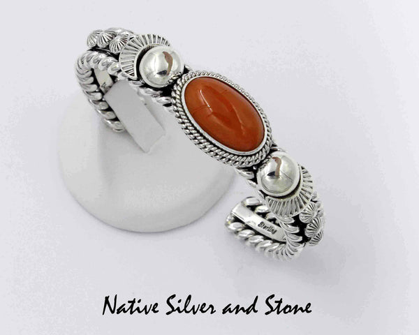 Z Artie Yellowhorse - Navajo Jewelry<br>Bracelet Cuff - Handmade<br>Natural Coral Oval<br>with Sterling Silver Accents<br>Size 6-3/16 (Small-Medium)