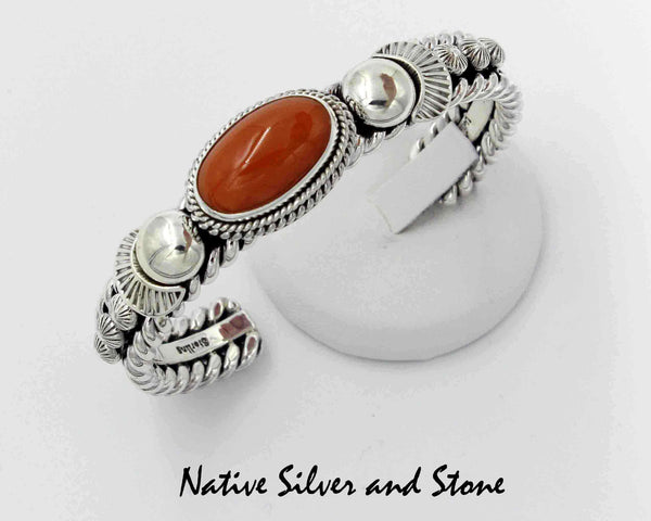 Z Artie Yellowhorse - Navajo Jewelry<br>Bracelet Cuff - Handmade<br>Natural Coral Oval<br>with Sterling Silver Accents<br>Size 6-3/16 (Small-Medium)