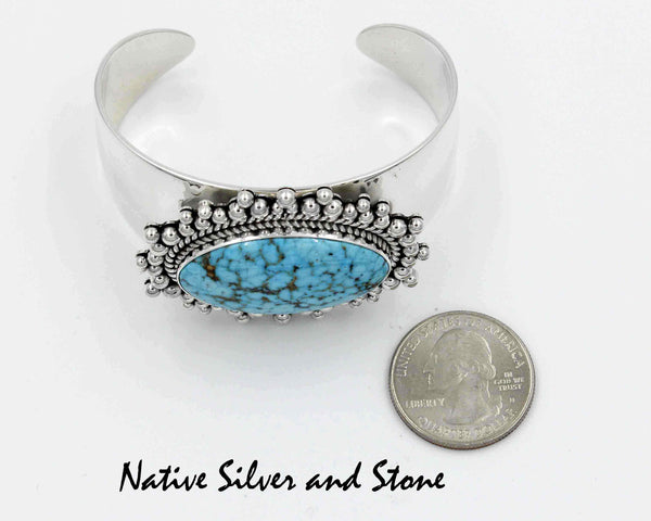 Z Artie Yellowhorse - Navajo<br>BCTTBB<br>1" Bracelet - Cuff<br>Tapered<br>Kingman Turquoise Horizontal Oval<br>Single Twist Burst Beads<br>Sterling Silver<br>Size 6-3/8