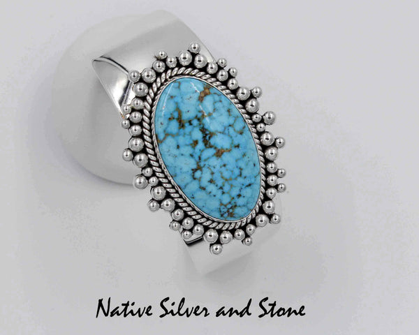 Z Artie Yellowhorse - Navajo<br>BCTTBB<br>1" Bracelet - Cuff<br>Tapered<br>Kingman Turquoise Horizontal Oval<br>Single Twist Burst Beads<br>Sterling Silver<br>Size 6-3/8