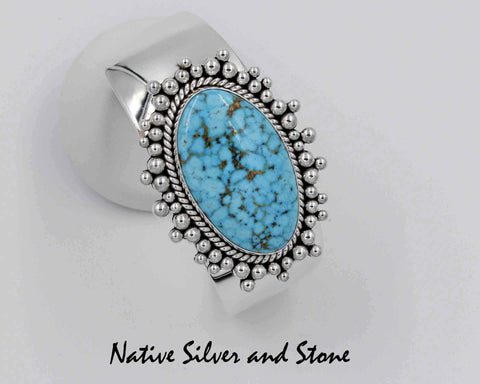 Z Artie Yellowhorse - Navajo<br>BCTTBB<br>1" Bracelet - Cuff<br>Tapered<br>Kingman Turquoise Horizontal Oval<br>Single Twist Burst Beads<br>Sterling Silver<br>Size 6-3/8