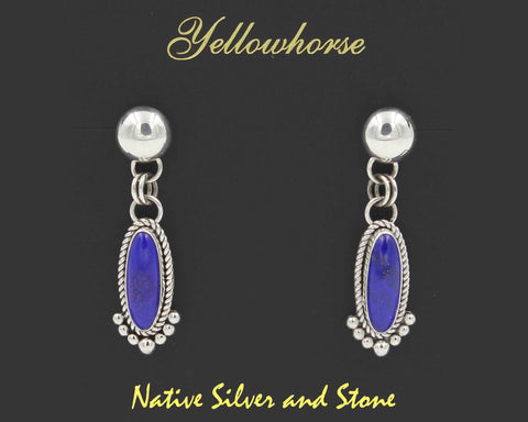 Z Artie Yellowhorse - Navajo<br>1-3/4" Earrings<br>Lapis Lazuli<br>Elongated Reverse Teardrop<br>Dome Top<br>Twist & Beads Accent<br>Dangle Post<br>Sterling Silver