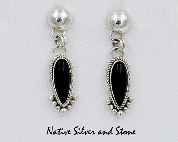 Z Artie Yellowhorse - Navajo Jewelry<br>Earrings - Dangle Post<br>Onyx Elongated Reverse Teardrop<br>Sterling Silver Dome &<br>Silver Twist Wire w Accent Beads