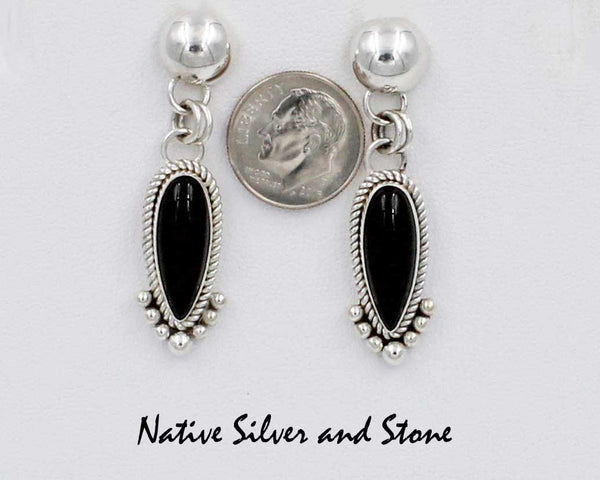 Z Artie Yellowhorse - Navajo Jewelry<br>Earrings - Dangle Post<br>Onyx Elongated Reverse Teardrop<br>Sterling Silver Dome &<br>Silver Twist Wire w Accent Beads