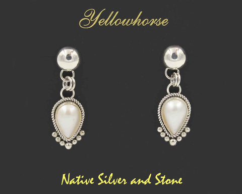 Z Artie Yellowhorse - Navajo<br>1-5/8" Earrings - White<br>Pearl<br>Reverse Teardrop<br>Single Twist Wire & 7 Bead<br>Dome Dangle Post<br>Sterling Silver