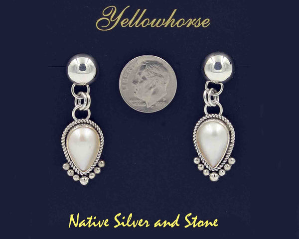 Z Artie Yellowhorse - Navajo<br>1-5/8" Earrings - White<br>Pearl<br>Reverse Teardrop<br>Single Twist Wire & 7 Bead<br>Dome Dangle Post<br>Sterling Silver