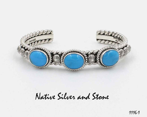 Z Artie Yellowhorse - Navajo<br>BCTTST<br>Bracelet Cuff<br>3 Sleeping Beauty Turquoise Ovals<br>with Sterling Silver Accents<br>Size 6-1/8 (Small-Medium)