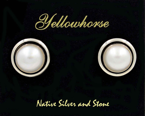 Artie Yellowhorse - Navajo<br>3/4" Earrings - White<br>13mm Pearl<br>Shadowbox<br>Post<br>Sterling Silver