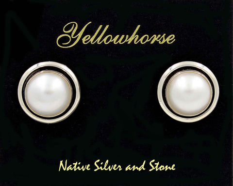Artie Yellowhorse - Navajo<br>3/4" Earrings - White<br>13mm Pearl<br>Shadowbox<br>Post<br>Sterling Silver
