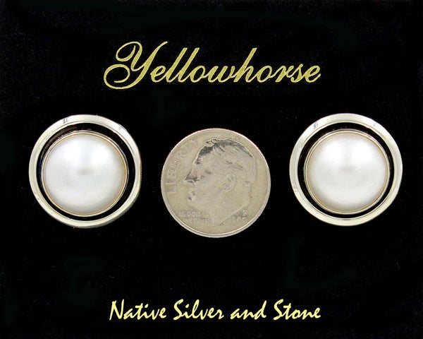 Artie Yellowhorse - Navajo<br>3/4" Earrings - White<br>13mm Pearl<br>Shadowbox<br>Post<br>Sterling Silver