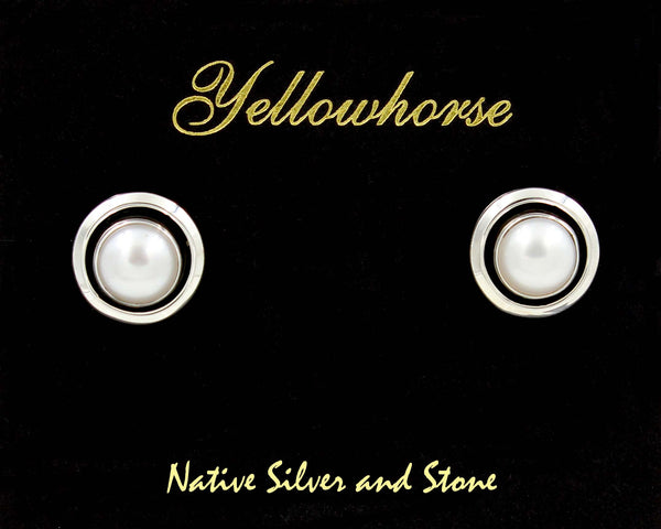 Artie Yellowhorse - Navajo<br>1/2" Earrings - Round<br>8mm White Freshwater Pearl<br>Shadowbox<br>Post<br>Sterling Silver