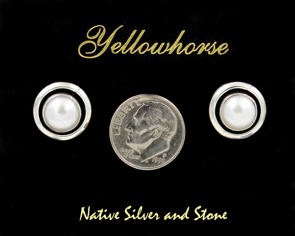 Artie Yellowhorse - Navajo<br>1/2" Earrings - Round<br>8mm White Freshwater Pearl<br>Shadowbox<br>Post<br>Sterling Silver