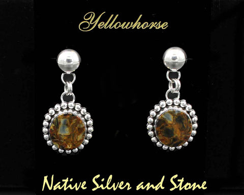 Z Artie Yellowhorse - Navajo<br>1-5/8" Earrings - Dangle Post<br>Natural Pietersite/Pietercite<br>Brown-Gold-Olive<br>Medium Oval<br>Dome Top & Single Bead<br>Sterling Silver