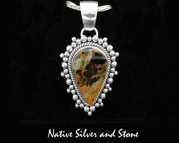 Z Artie Yellowhorse - Navajo<br>PPTBB<br>1-3/4"  Pendant<br>Single Twist & Burst Bead/Scatterdot<br>Small Medium Vertical<br>Reverse Teardrop<br>30mm x 17mm Pietersite/Pietercite<br>Brown-Gold-Olive Dominant<br>Sterling Silver
