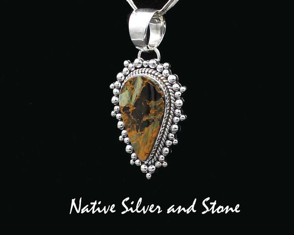 Z Artie Yellowhorse - Navajo<br>PPTBB<br>1-3/4"  Pendant<br>Single Twist & Burst Bead/Scatterdot<br>Small Medium Vertical<br>Reverse Teardrop<br>30mm x 17mm Pietersite/Pietercite<br>Brown-Gold-Olive Dominant<br>Sterling Silver