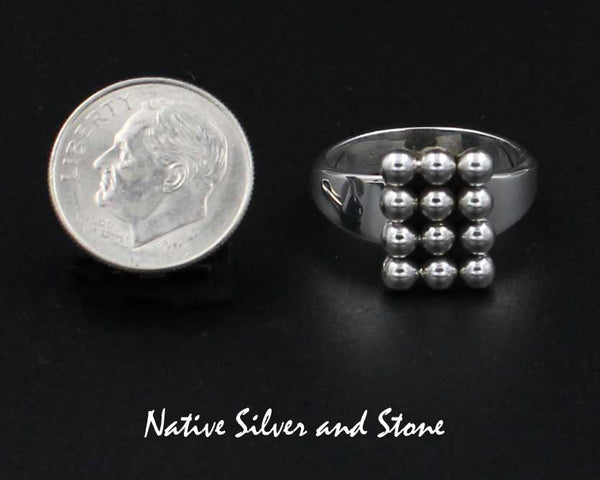 Z Artie Yellowhorse - Navajo<br>1/2" Ring - Sterling All-Silver<br>Vertical Rectangle<br>12 Small Handmade Beads<br>Sizes: 6 & 7