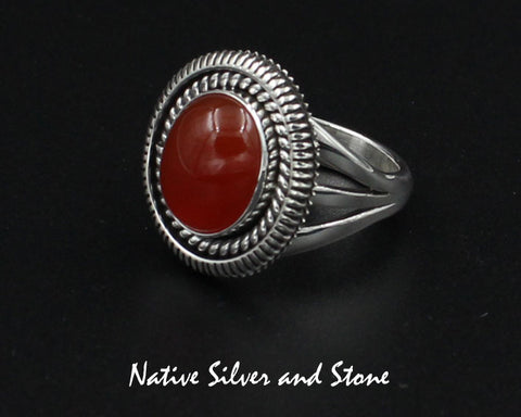 Z Artie Yellowhorse - Navajo<br>3/4" Ring - Small Oval<br>12mm x 10mm Carnelian<br>Twist Wire & Sawcuts<br>Sterling Silver<br>Size 7