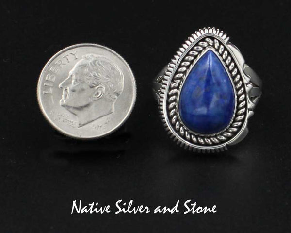 Z Artie Yellowhorse - Navajo<br>7/8" Ring - Teardrop<br>15mm x 10mm Denim Lapis<br>Twist Wire & Sawcut with Pinches<br> Sterling Silver<br>Size 7