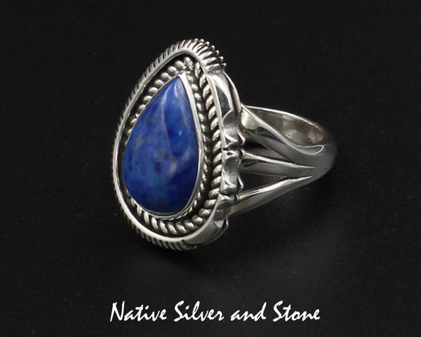 Z Artie Yellowhorse - Navajo<br>7/8" Ring - Teardrop<br>15mm x 10mm Denim Lapis<br>Twist Wire & Sawcut with Pinches<br> Sterling Silver<br>Size 7