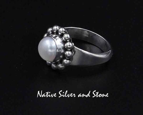 Artie Yellowhorse - Navajo<br>RPSB<br>5/8" Ring<br>8mm White<br>Freshwater Pearl<br>Single Bead<br>Sterling Silver<br>Sizes 5 & 8
